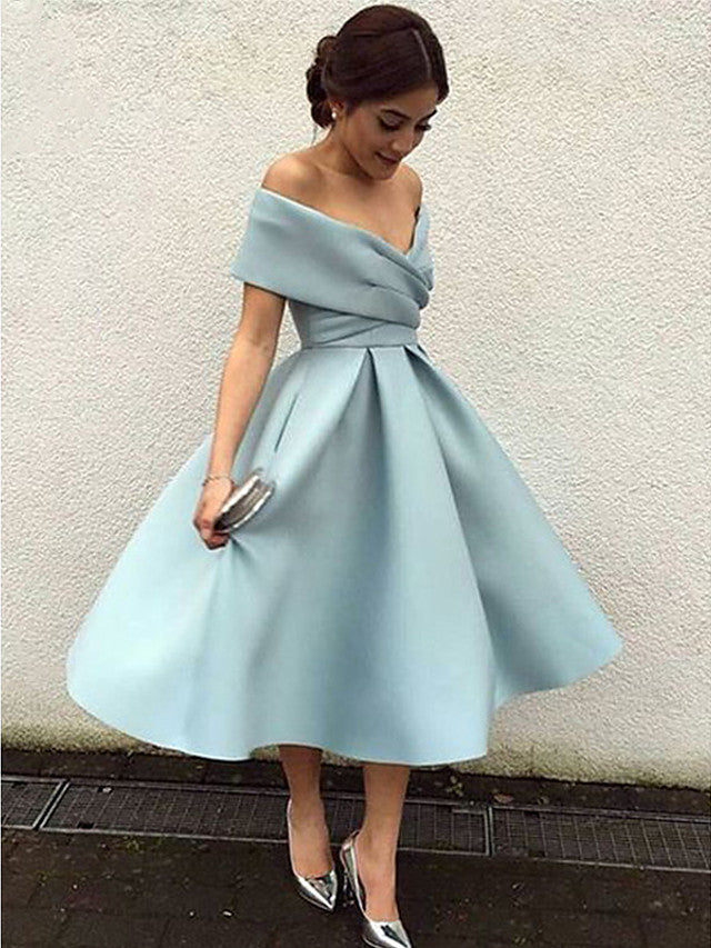 A-Line Elegant Vintage Cocktail Party Formal Evening Dress V Neck Short Sleeve Tea Length Matte Satin with Pleats 2021