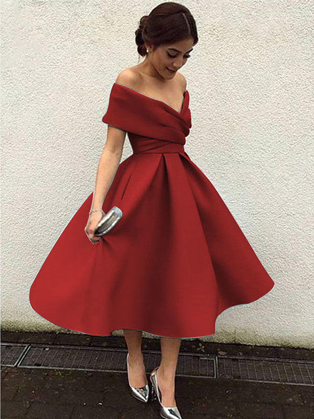 A-Line Elegant Vintage Cocktail Party Formal Evening Dress V Neck Short Sleeve Tea Length Matte Satin with Pleats 2021