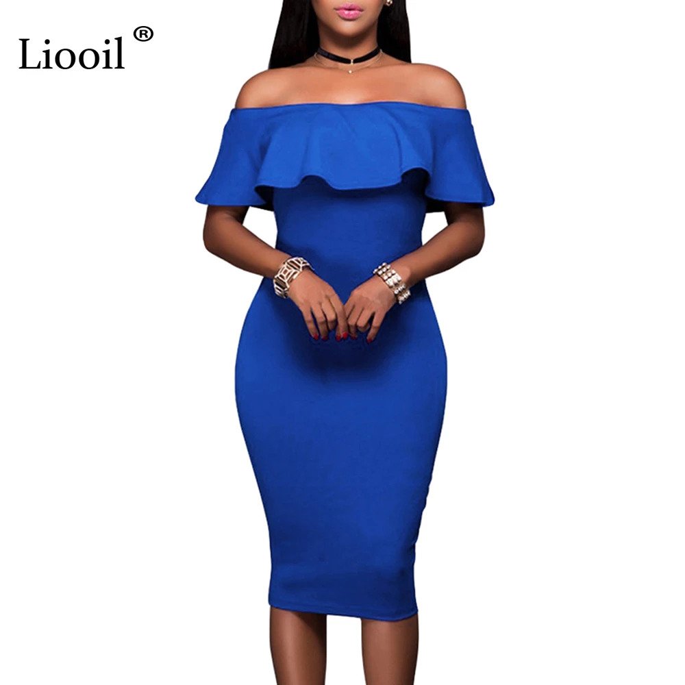 Summer Royal Blue Off The Shoulder Midi Bodycon Dress Celebrity Party Dresses African Women