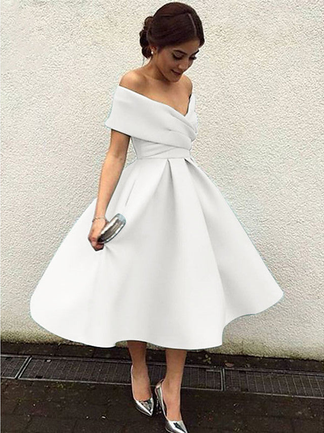 A-Line Elegant Vintage Cocktail Party Formal Evening Dress V Neck Short Sleeve Tea Length Matte Satin with Pleats 2021