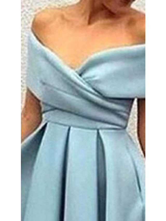 A-Line Elegant Vintage Cocktail Party Formal Evening Dress V Neck Short Sleeve Tea Length Matte Satin with Pleats 2021