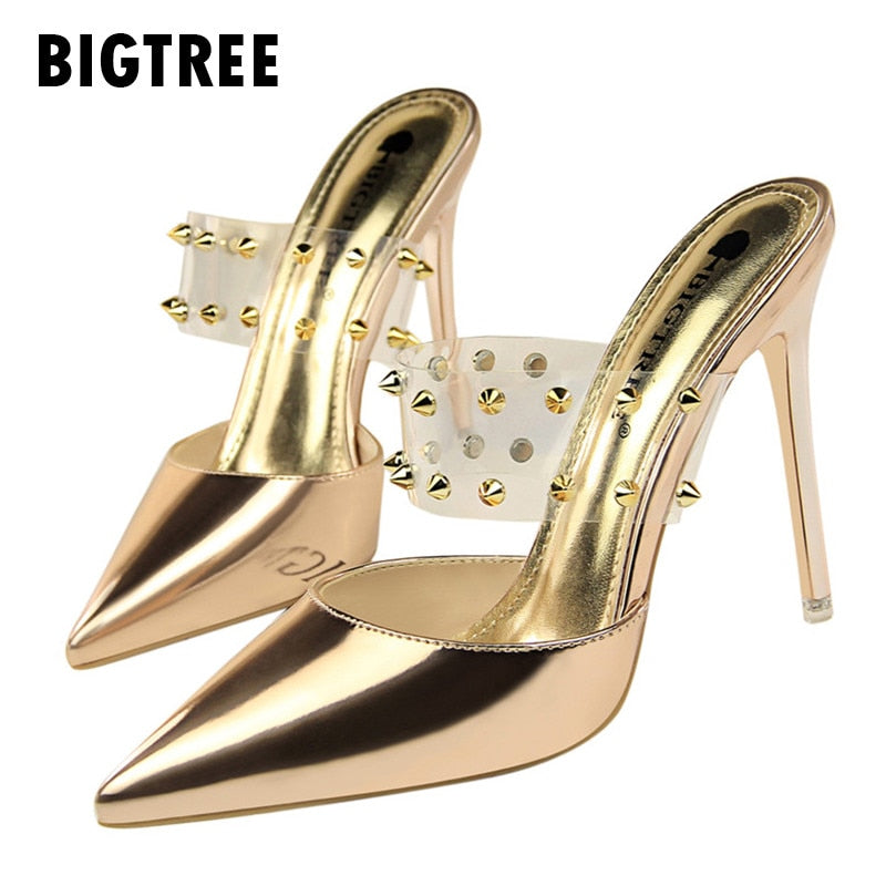 Summer Women Slippers Elegant Pointed toe Thin High heels Ladies Slides Fashion Rivet Outdoor Sandals Shoes Woman