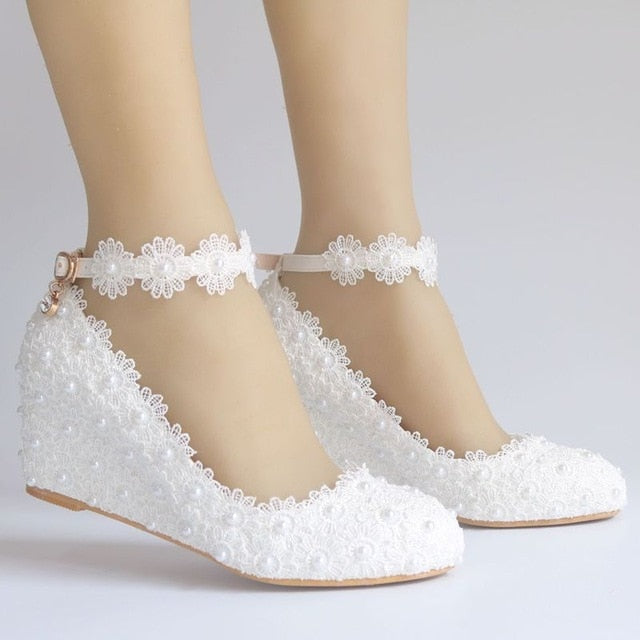 5CM wedges middle heel lace shoes woman bridal ankle straps white lace pearls wedding shoes
