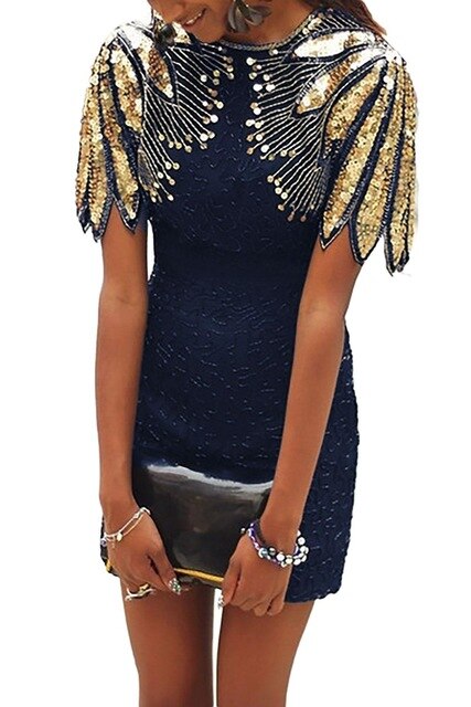 Women Sequined Shoulder Cocktail Party Dress