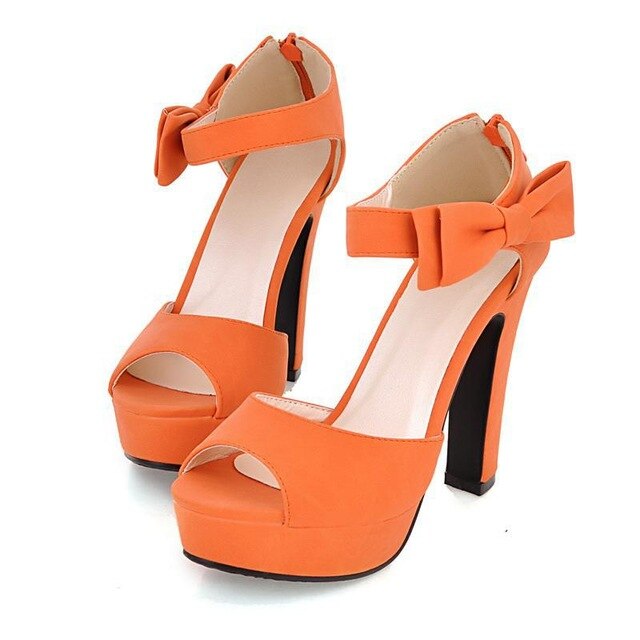 Butterfly Knot bow pump New summer Peep toe Ankle strap orange Sweet Thick