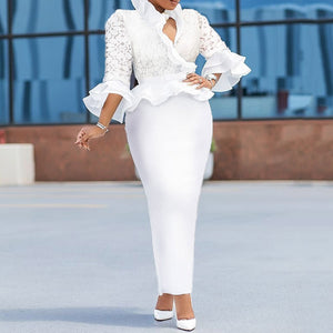 Elegant Lace Ptachwork Ruffle White Long Dress