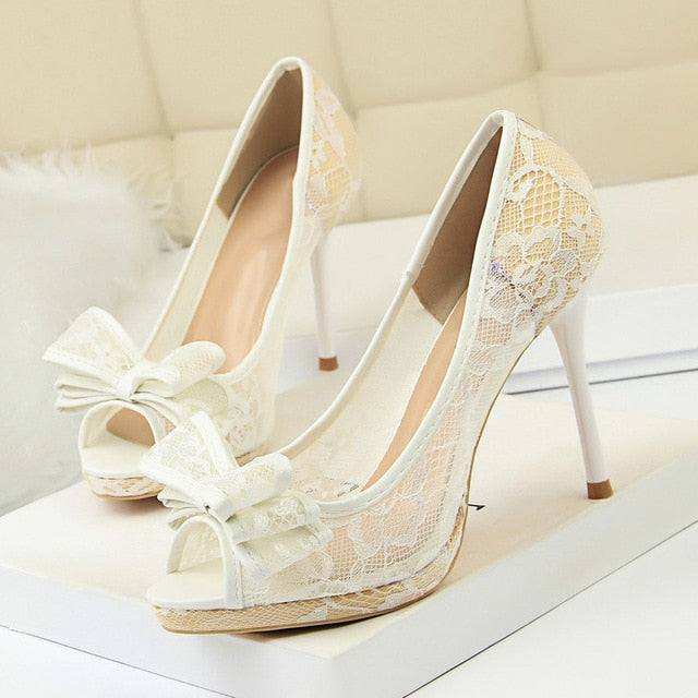 Bowtie High Heels platform heels Ladies Peep Toe Lace black white