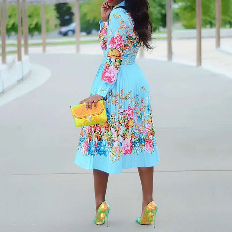 Spring Long Sleeve Women Pleated Floral Print Dress 2020 Elegant Female Plus Size African Office Ladies