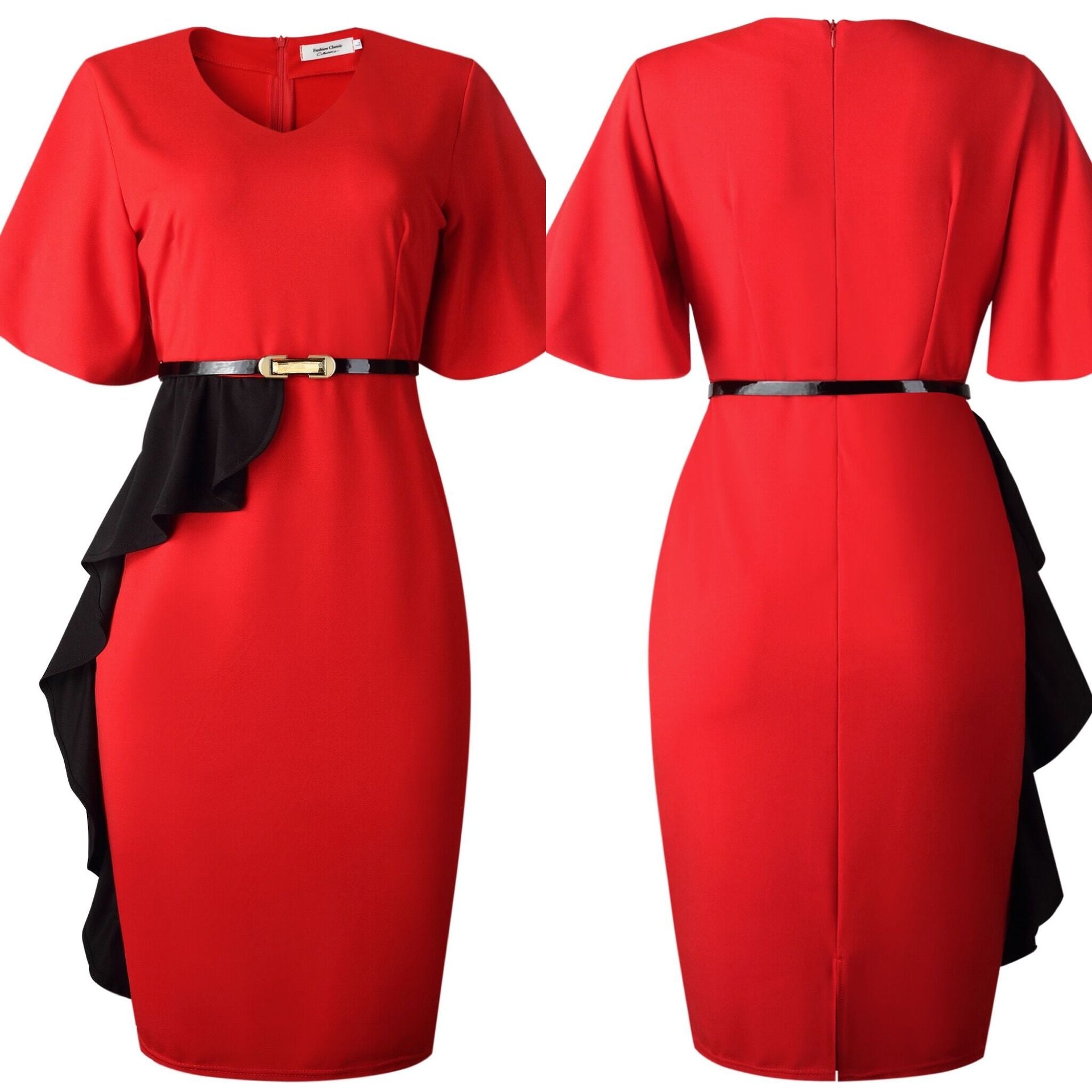 Red V Neck Short Sleeves Bodycon Dresses Elastic with Waist Belt Ruffles Elegant Office Wear