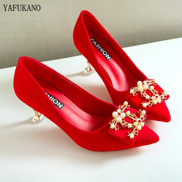 Women Pumps Fashion Ladies Rhinestone High Heels Soft Leather Heels Shoes Woman Pointed Toe Non-slip Wedding Shoes