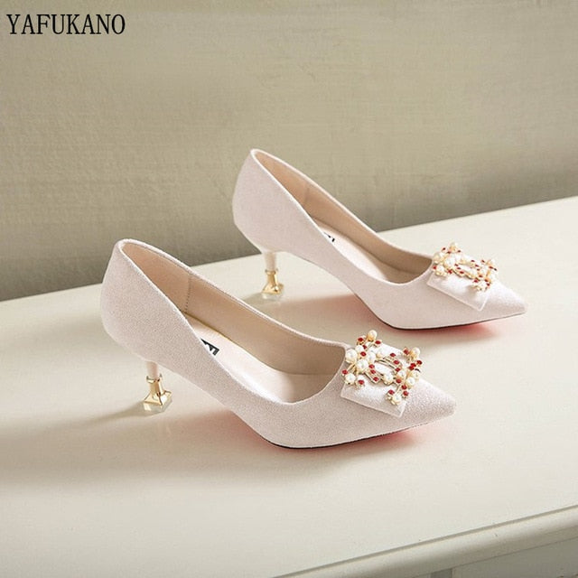 Women Pumps Fashion Ladies Rhinestone High Heels Soft Leather Heels Shoes Woman Pointed Toe Non-slip Wedding Shoes