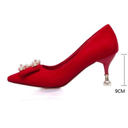 Women Pumps Fashion Ladies Rhinestone High Heels Soft Leather Heels Shoes Woman Pointed Toe Non-slip Wedding Shoes