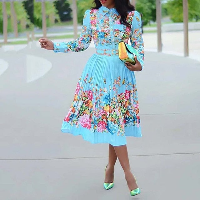 Dinner African Autumn Floral Print Dress Plus Size 2020 Elegant Lady Party Robe Vestiods High Waist Pleated Midi Dress Tunic