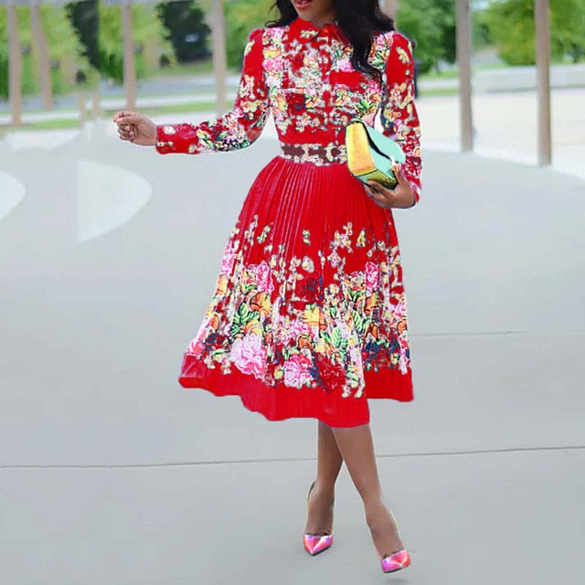 Dinner African Autumn Floral Print Dress Plus Size 2020 Elegant Lady Party Robe Vestiods High Waist Pleated Midi Dress Tunic
