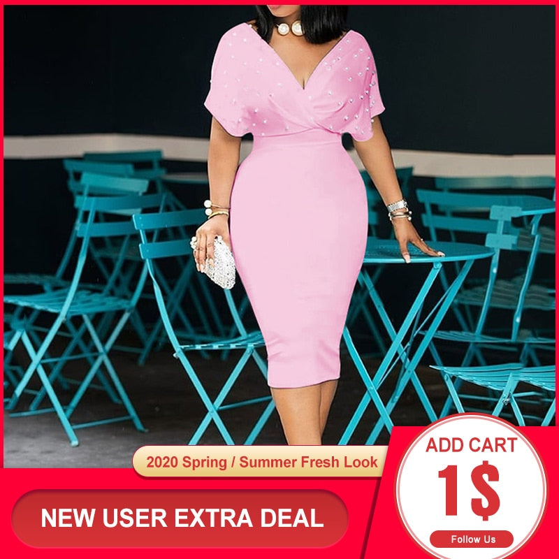 3xl Plus Size Beading Summer Bodycon Dress 2020 African Women Pink Vestiods Elegant Office Ladies Midi High Waist Dress Party