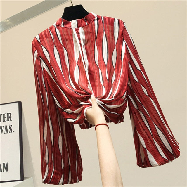 Casual Striped Women Shirt Stand Collar