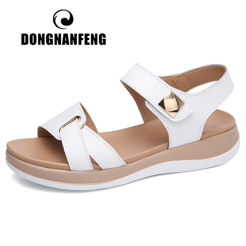 Women Female Ladies Mother Genuine Leather Shoes Sandals Flats Soft Hook Loop Korean Bling Summer
