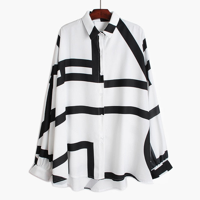 Women White Pattern Print Split Big Size Blouse