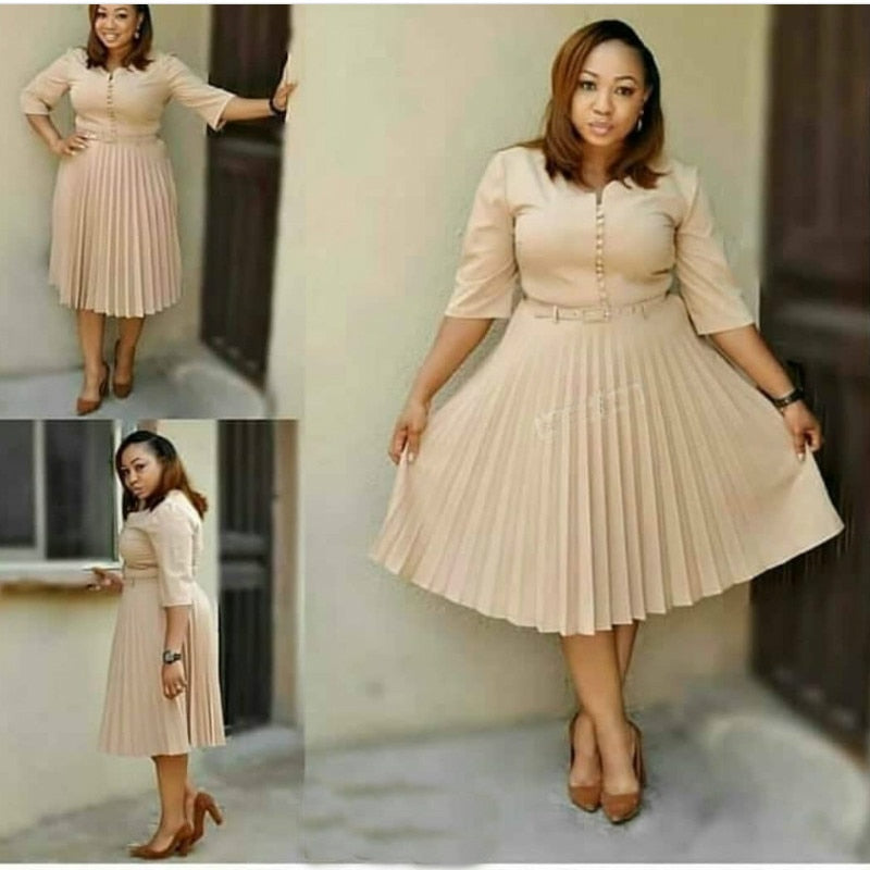 New Casual Women Dress 2020 Office Lady Plus Size Half Sleeve Party Dress African A-line Pleated Dress