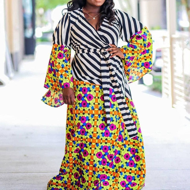 Plus Size 5xl African Patchwork Long Dress Striped Floral Printed A Line Maxi Dresses Robe 2020 Flare Sleeve Female Vestiods