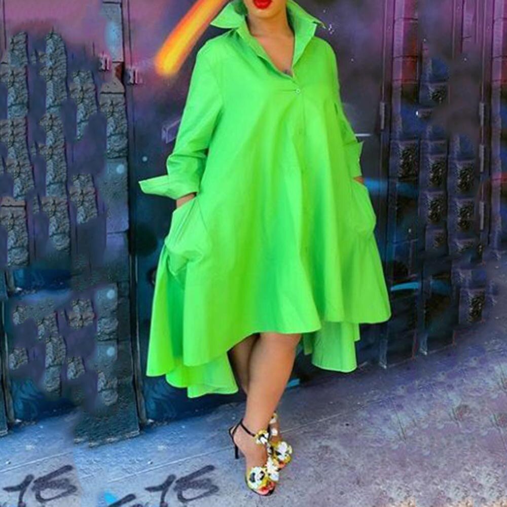 Green Women Long Shirts Dress 2020 Summer Loose Female Ruffles Daily African Dress Vestiods Shirts