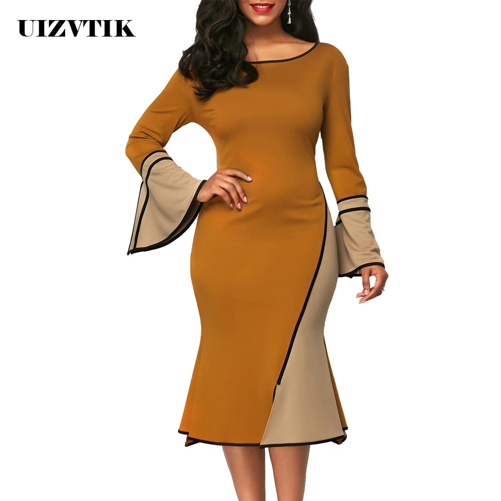 Summer Autumn Dress Women 2020 Casual Plus Size Slim Ruffles Pathwork Dresses Elegant