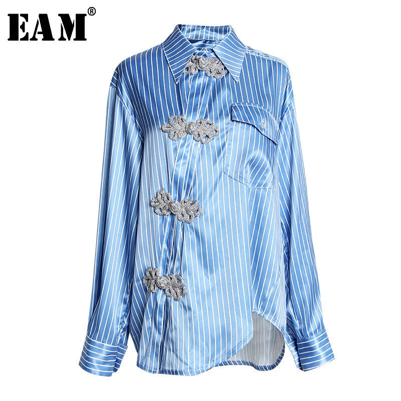 Women Blue Oblique Button Big Size Blouse