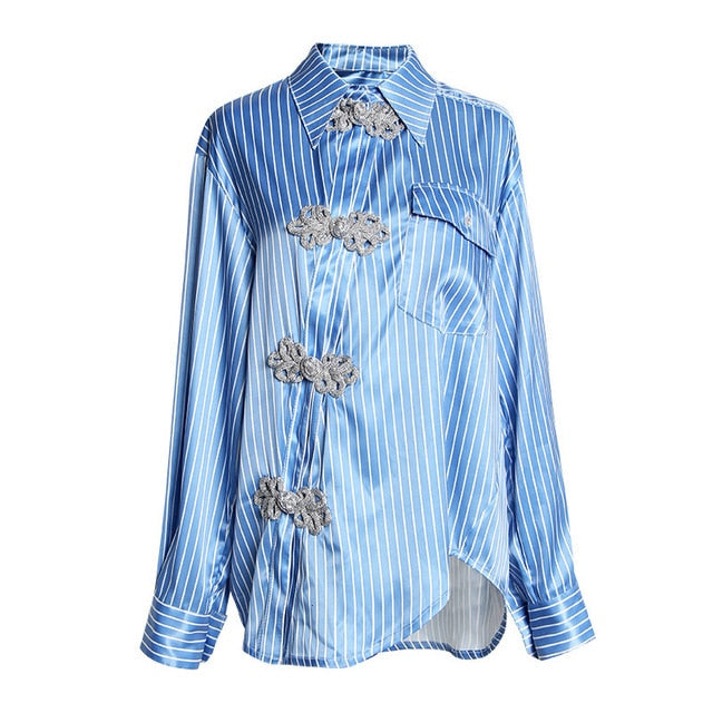 Women Blue Oblique Button Big Size Blouse