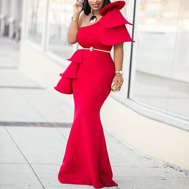 Women One Shoulder Christmas Party Dress Red Maxi Ruffles Celebrate African Mermaid Long Bodycon Dresses