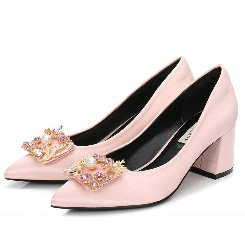 Pink Silk Woman Pumps Colorful Rhinestone Bow Square Heels High Quality Sexy Pointed Toe Shoes Party Office Lady