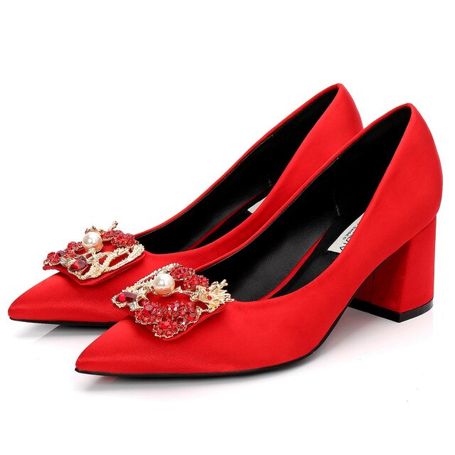 Pink Silk Woman Pumps Colorful Rhinestone Bow Square Heels High Quality Sexy Pointed Toe Shoes Party Office Lady