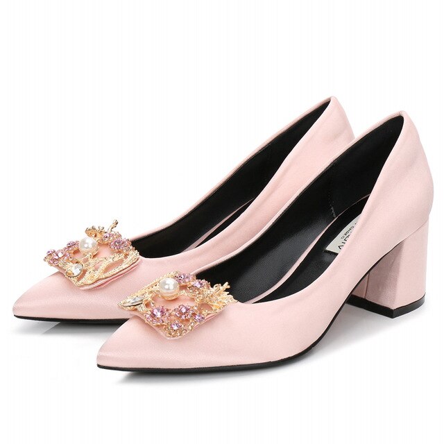 Pink Silk Woman Pumps Colorful Rhinestone Bow Square Heels High Quality Sexy Pointed Toe Shoes Party Office Lady