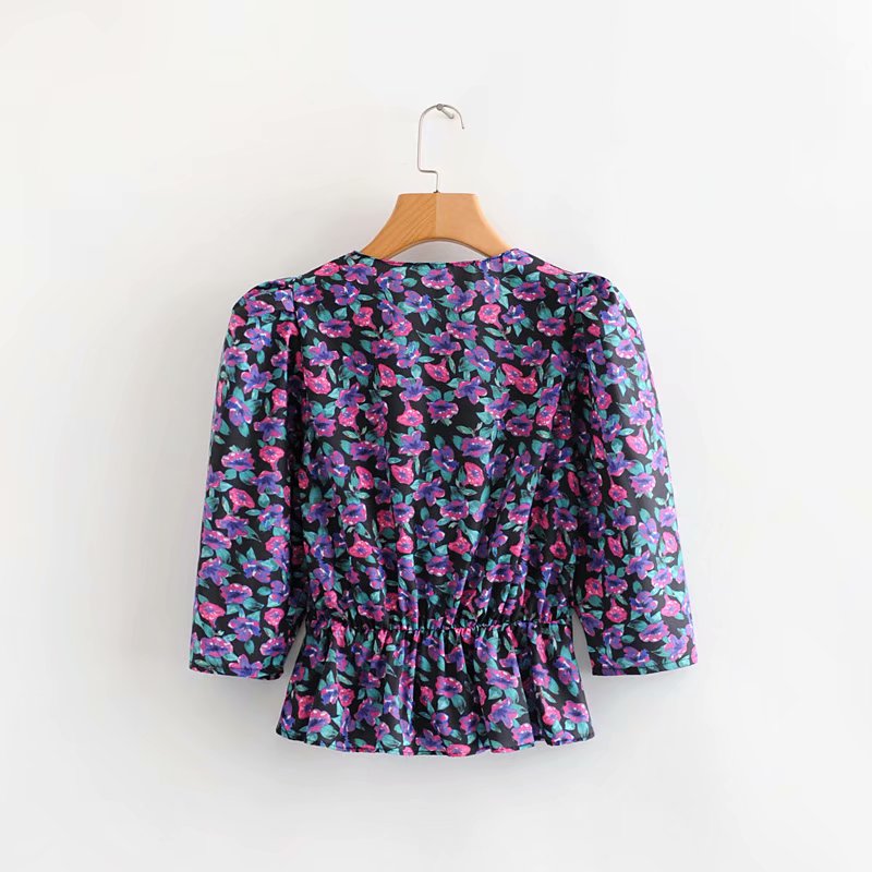 New 2020 women v neck puff sleeve flower print shirt