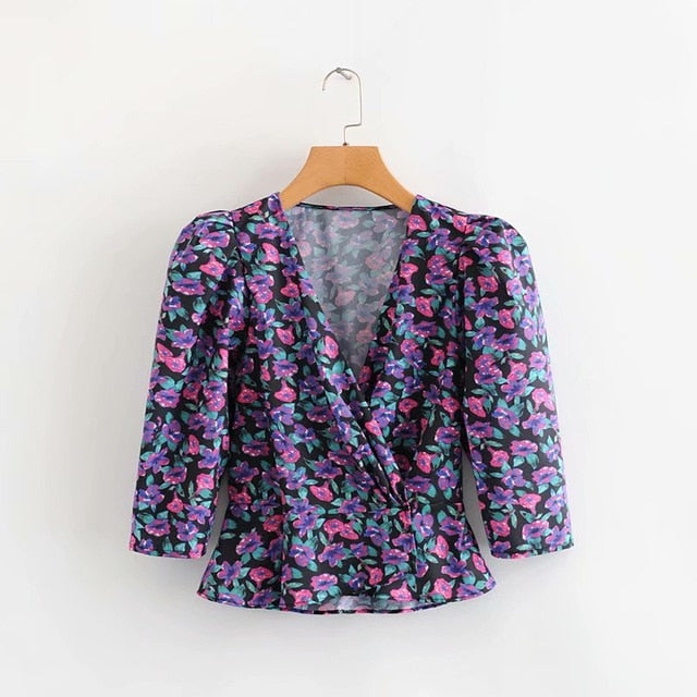 New 2020 women v neck puff sleeve flower print shirt