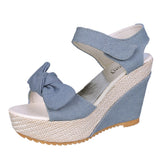 Summer Women Sandals Casual Hemp Rope Denim Bow Open Toe Wedge Sandals Solid High Quality Ladies