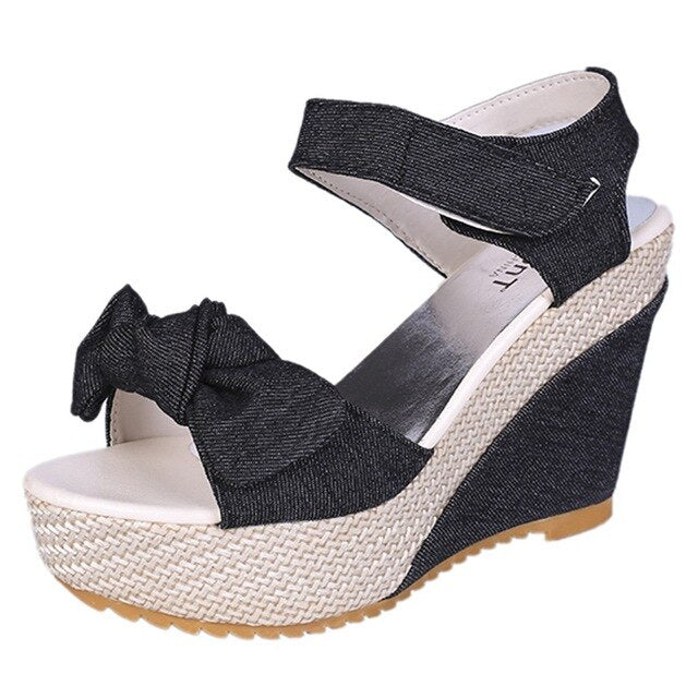 Summer Women Sandals Casual Hemp Rope Denim Bow Open Toe Wedge Sandals Solid High Quality Ladies