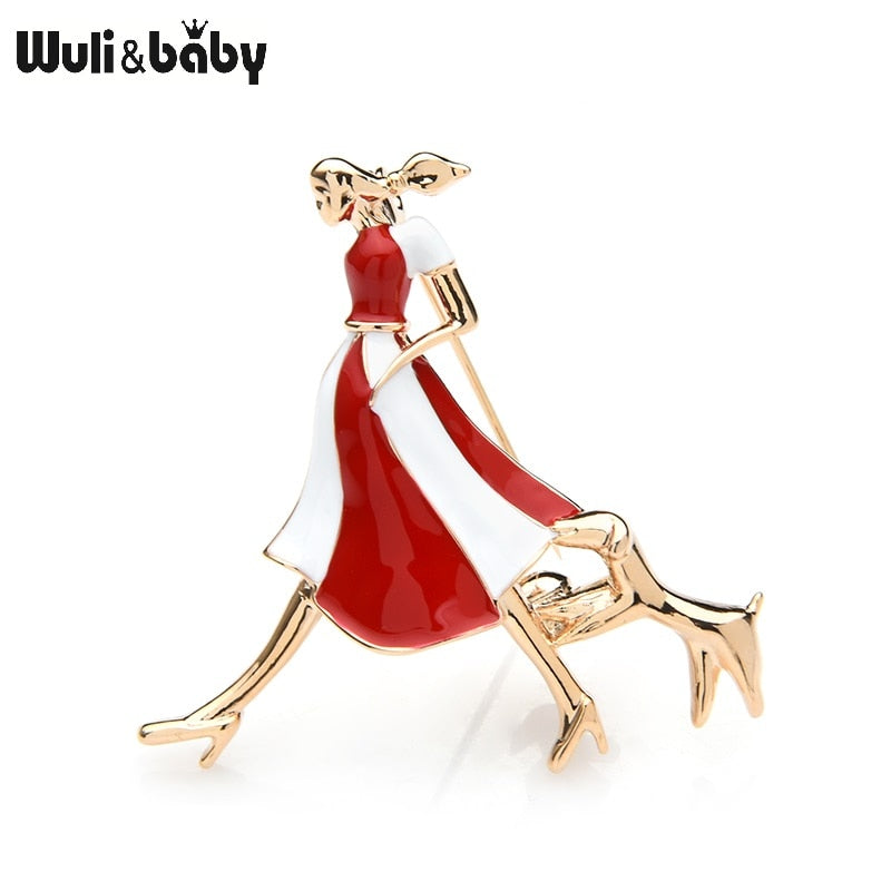 Enamel Girl And Dog Brooches For Women