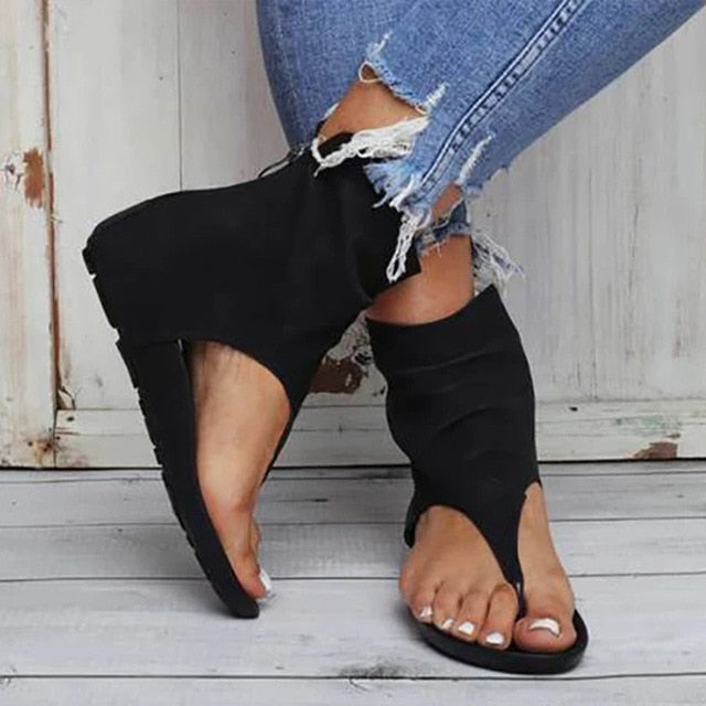 Ladies Sandals Clip Toe Flat Women Platform PU Leather Gladiator Shoes Summer