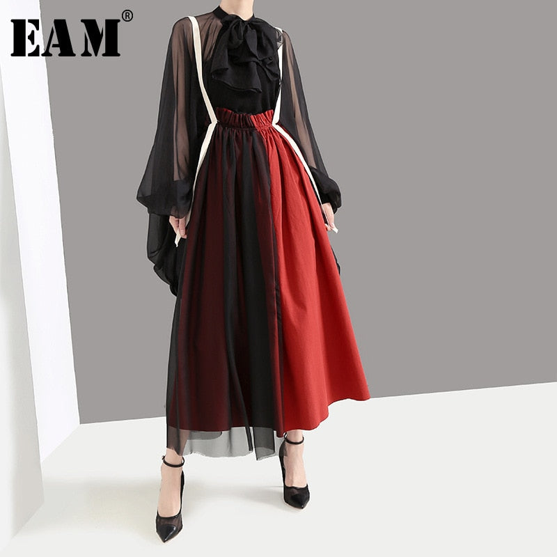 High Waist Red Linen Mesh Split Joint Temperament