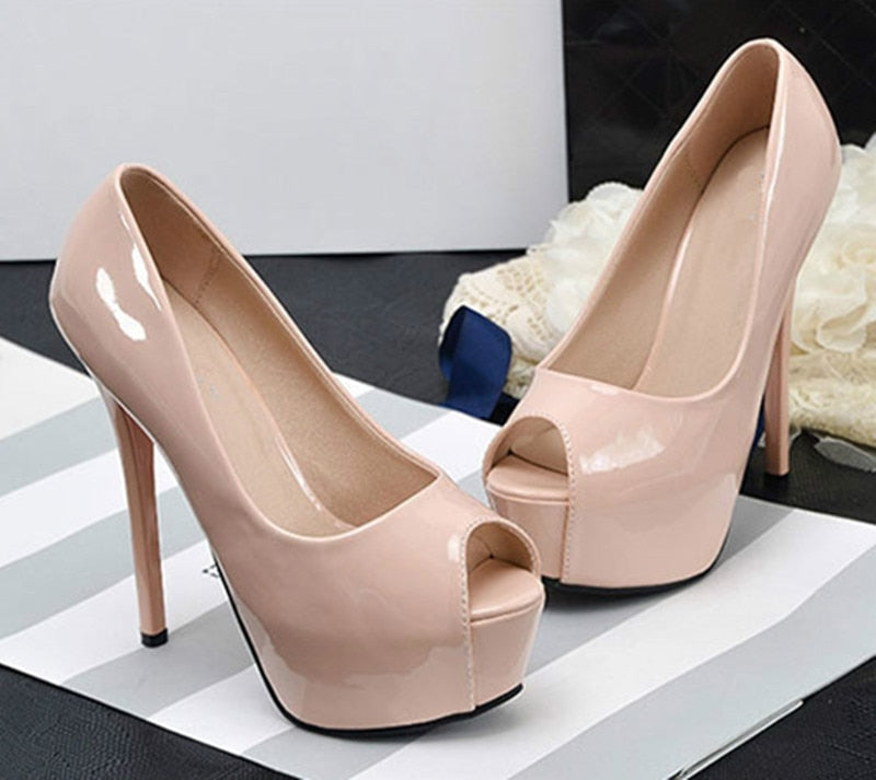 Women Summer Pumps Shoes PU Leather Platform Peep Toe Slip-On 14cm Thin Heels Shallow