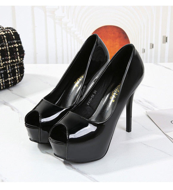 Women Summer Pumps Shoes PU Leather Platform Peep Toe Slip-On 14cm Thin Heels Shallow