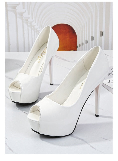 Women Summer Pumps Shoes PU Leather Platform Peep Toe Slip-On 14cm Thin Heels Shallow