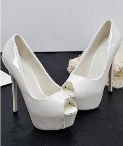 Women Summer Pumps Shoes PU Leather Platform Peep Toe Slip-On 14cm Thin Heels Shallow