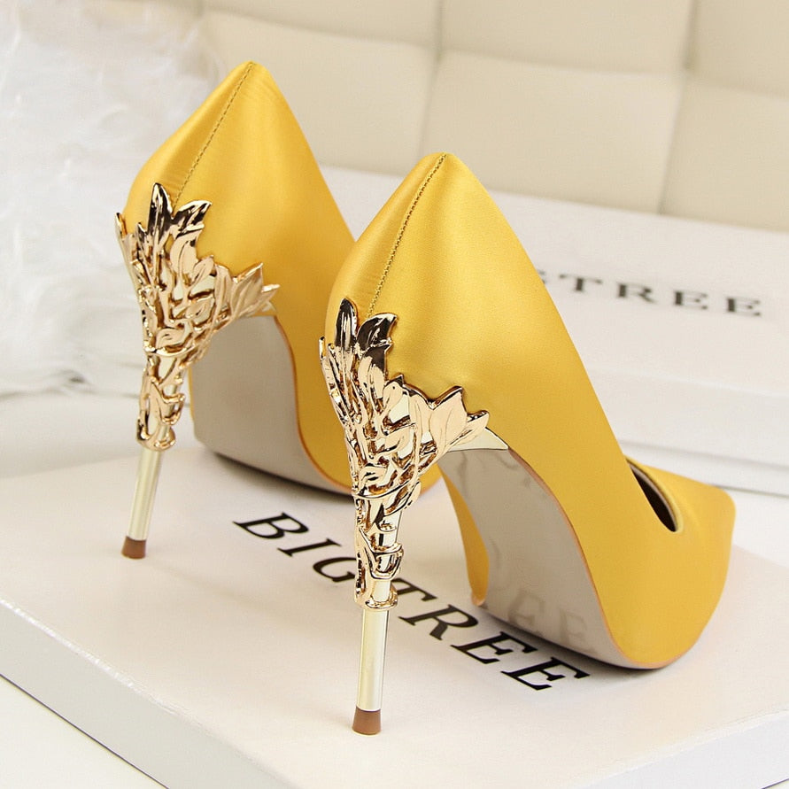 Metal Carved Thin Heel High Heels Pumps Women Shoes Sexy Pointed Toe Ladies Shoes