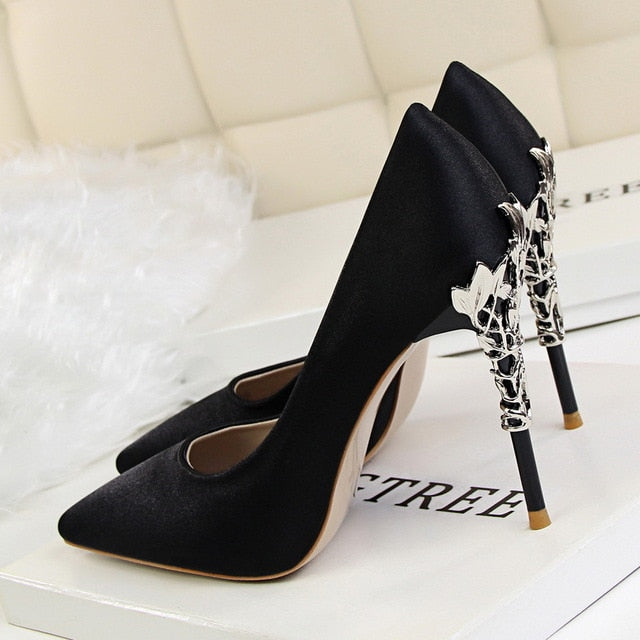 Metal Carved Thin Heel High Heels Pumps Women Shoes Sexy Pointed Toe Ladies Shoes