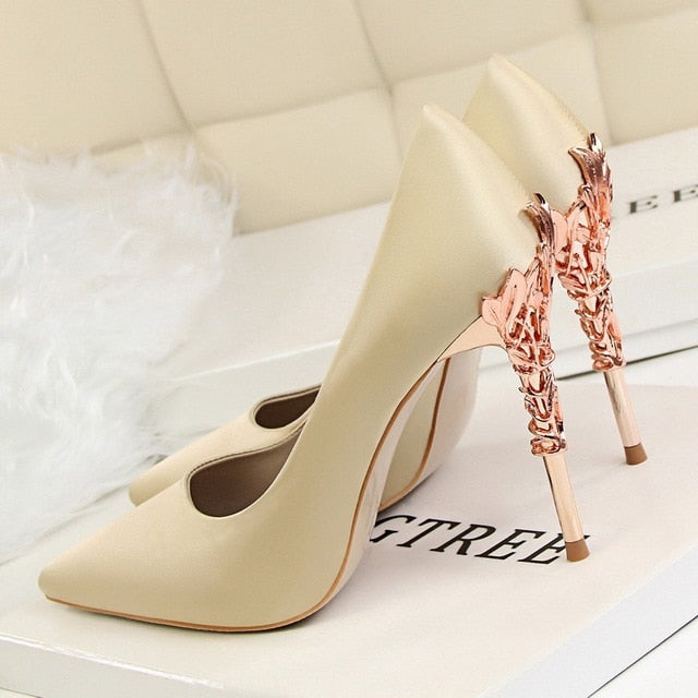 Metal Carved Thin Heel High Heels Pumps Women Shoes Sexy Pointed Toe Ladies Shoes