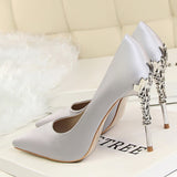 Metal Carved Thin Heel High Heels Pumps Women Shoes Sexy Pointed Toe Ladies Shoes