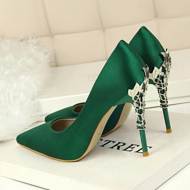 Metal Carved Thin Heel High Heels Pumps Women Shoes Sexy Pointed Toe Ladies Shoes