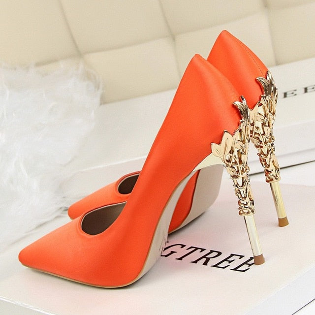 Metal Carved Thin Heel High Heels Pumps Women Shoes Sexy Pointed Toe Ladies Shoes