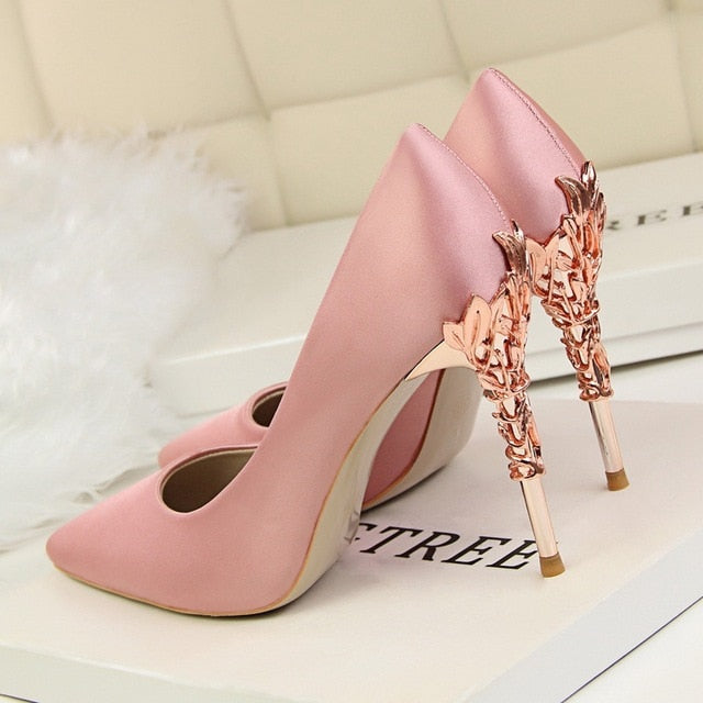 Metal Carved Thin Heel High Heels Pumps Women Shoes Sexy Pointed Toe Ladies Shoes